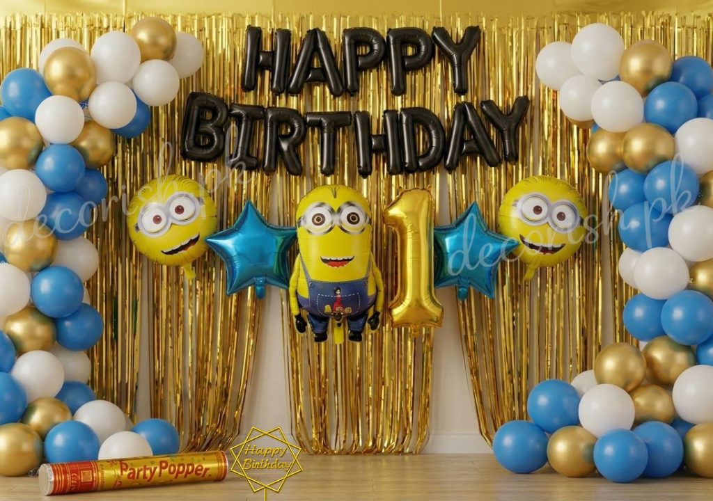 Decorish Blue White and Gold Minions - Happy birthday Decoration set