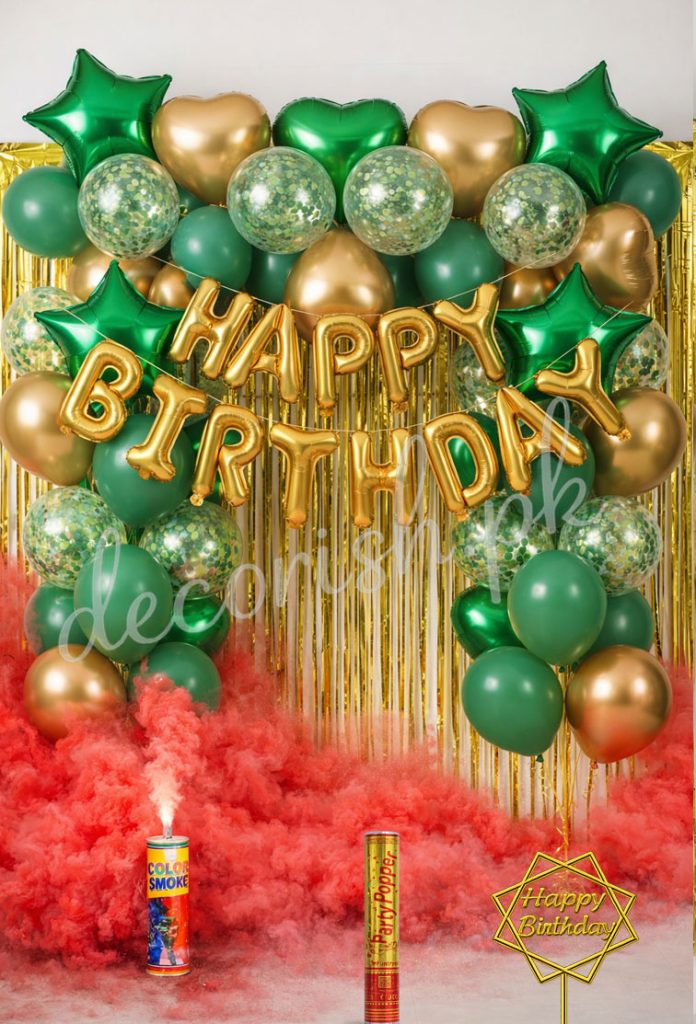 Decorish Green, Golden and Confetti balloons - Happy Birthday decoration set - Premium