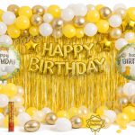 Decorish Yellow, White and Golden Balloons Happy Birthday Decoration Set - with Party popper and Cake Topper