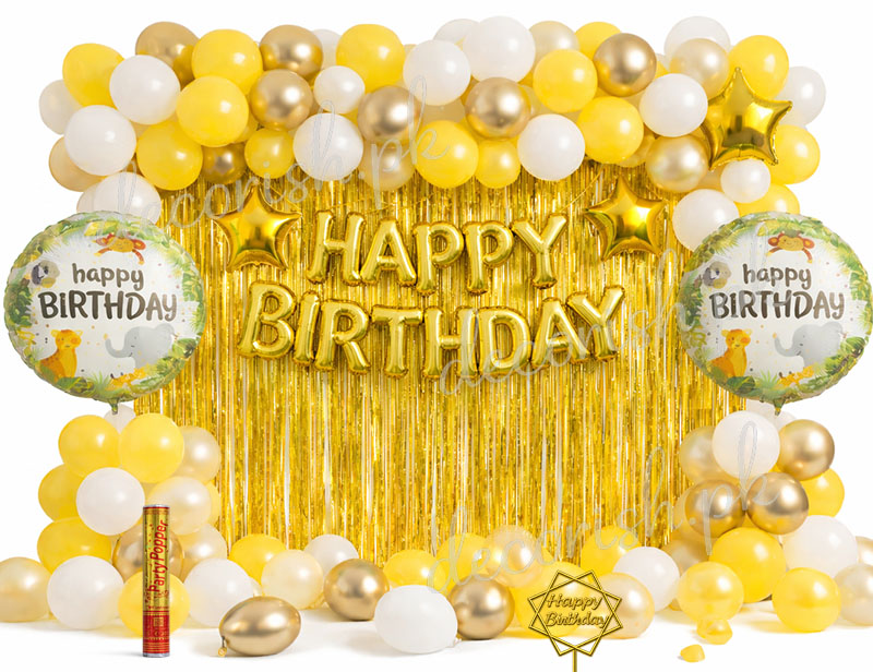 Decorish Yellow, White and Golden Balloons Happy Birthday Decoration Set - with Party popper and Cake Topper