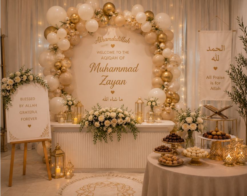 Aqiqah decoration setup with personalized name banner and traditional touches/decorish.pk
