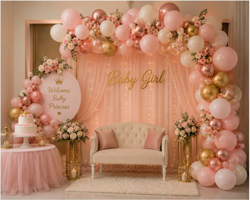 Baby girl themed baby shower and aqiqah decoration in blush and gold/decorish.pk
