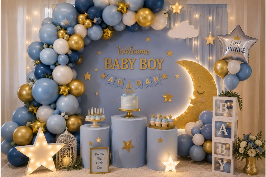 Baby boy themed baby shower and aqiqah decoration in blue and gold/decorish.pk