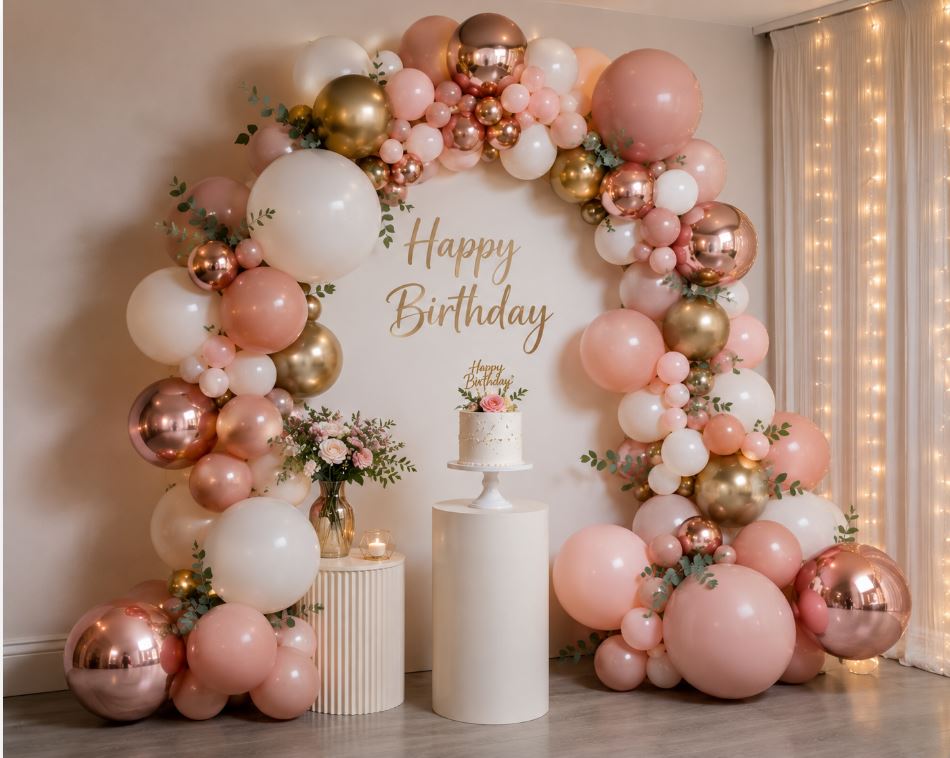 Colorful balloon garland arranged over a birthday party backdrop/decorish.pk