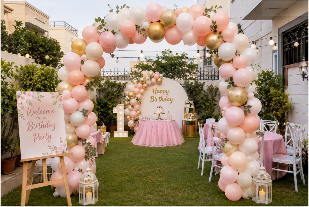Outdoor birthday decoration setup in a Karachi Gulshan-e-Iqbal home/decorish.pk