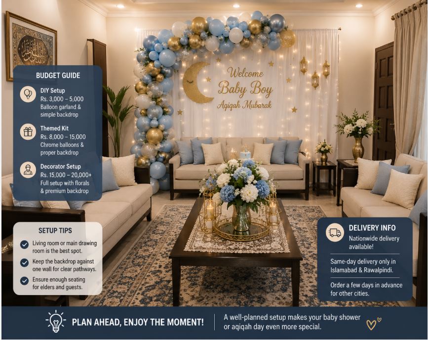 Home setup for baby shower and aqiqah decoration with clear guest seating/decorish.pk