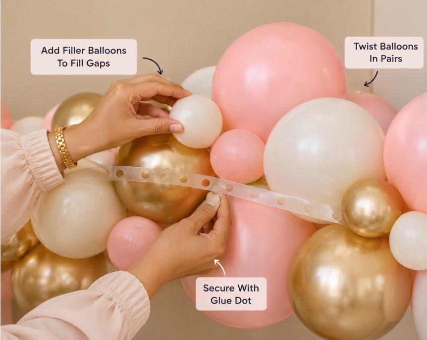 Assembling a balloon garland strip with filler balloons for texture/decorish.pk