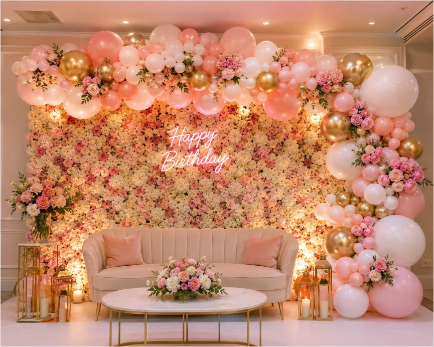 Combined balloon arch and flower wall setup for a luxury event/decorish.pk
