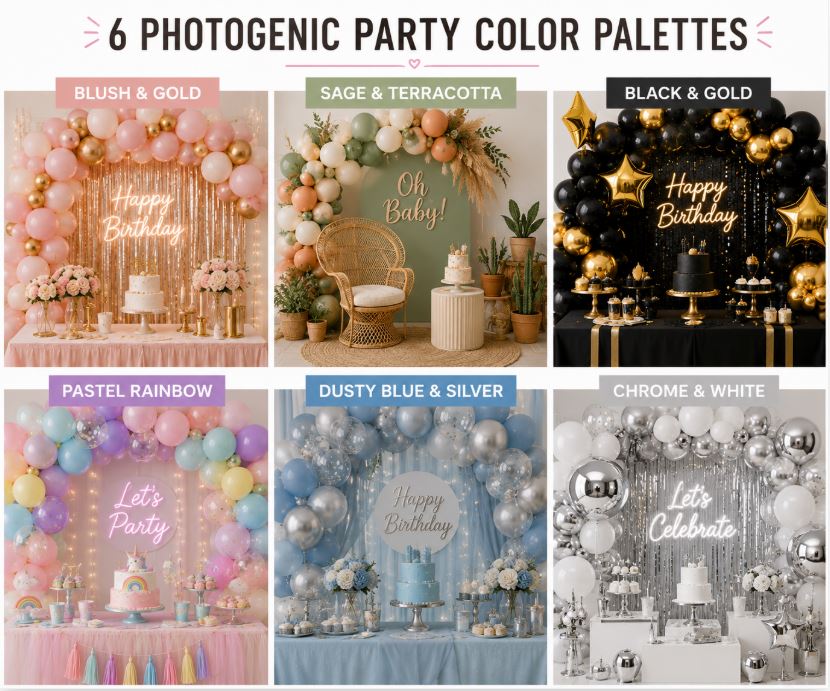 Six photogenic party color palettes styled beautifully for celebrations/decorish.pk