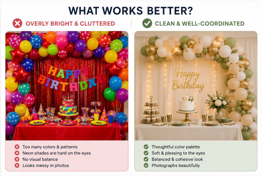 Cluttered neon party decor compared to a coordinated photogenic setup/decorish.pk