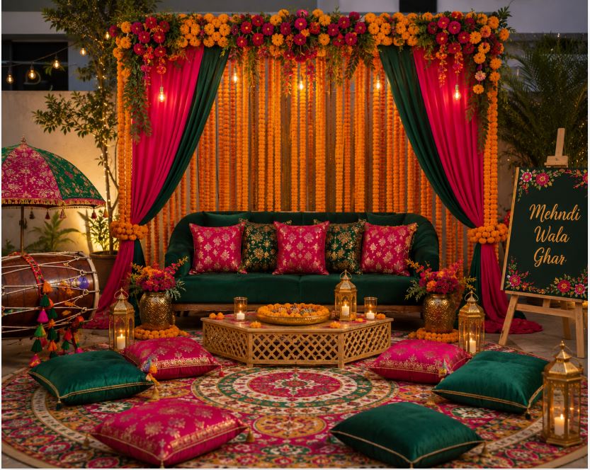 2026 mehndi color trends combining marigold with jewel tones in Lahore/decorish.pk