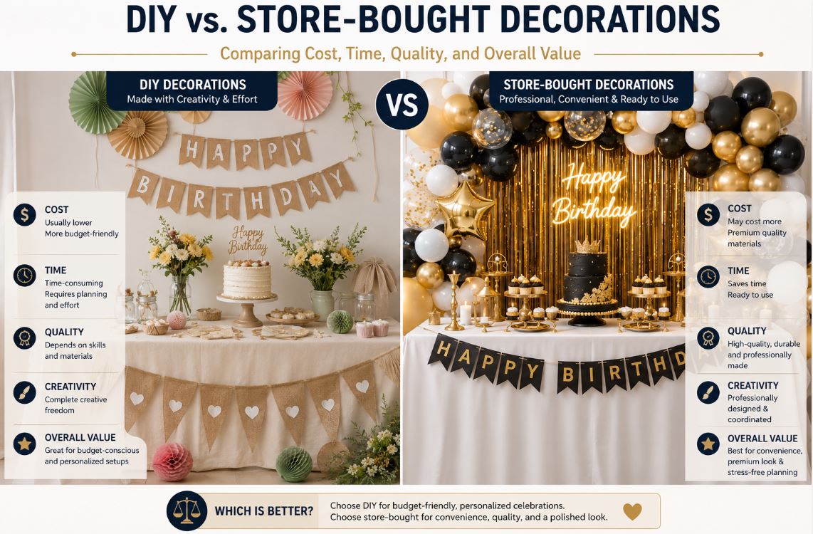 Comparison between handmade DIY decorations and professionally made party decor/decorish.pk
