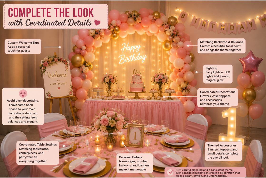 Wide-angle view of a fully coordinated celebration with matching decorations throughout the venue/decorish.pk