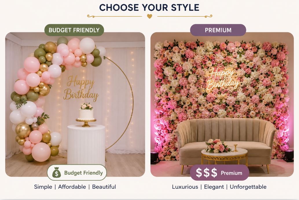 Balloon arch and flower wall price comparison for party decorations/decorish.pk 