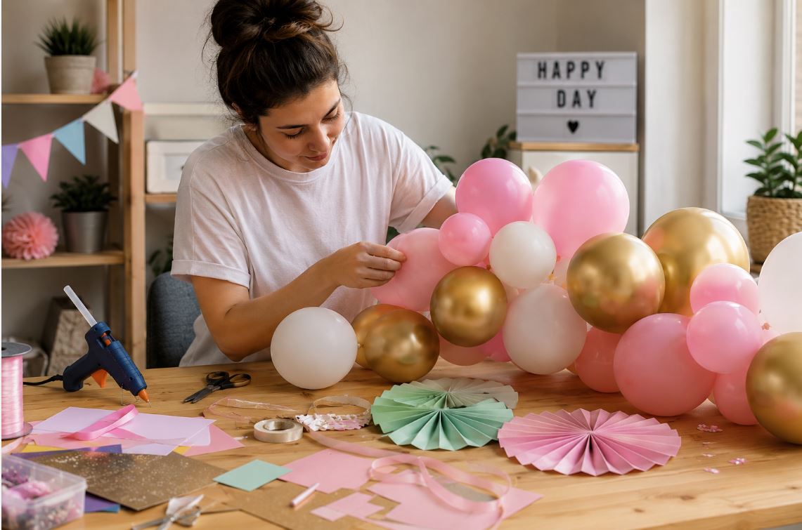 Person creating DIY party decorations with balloons and craft supplies/decorish.pk