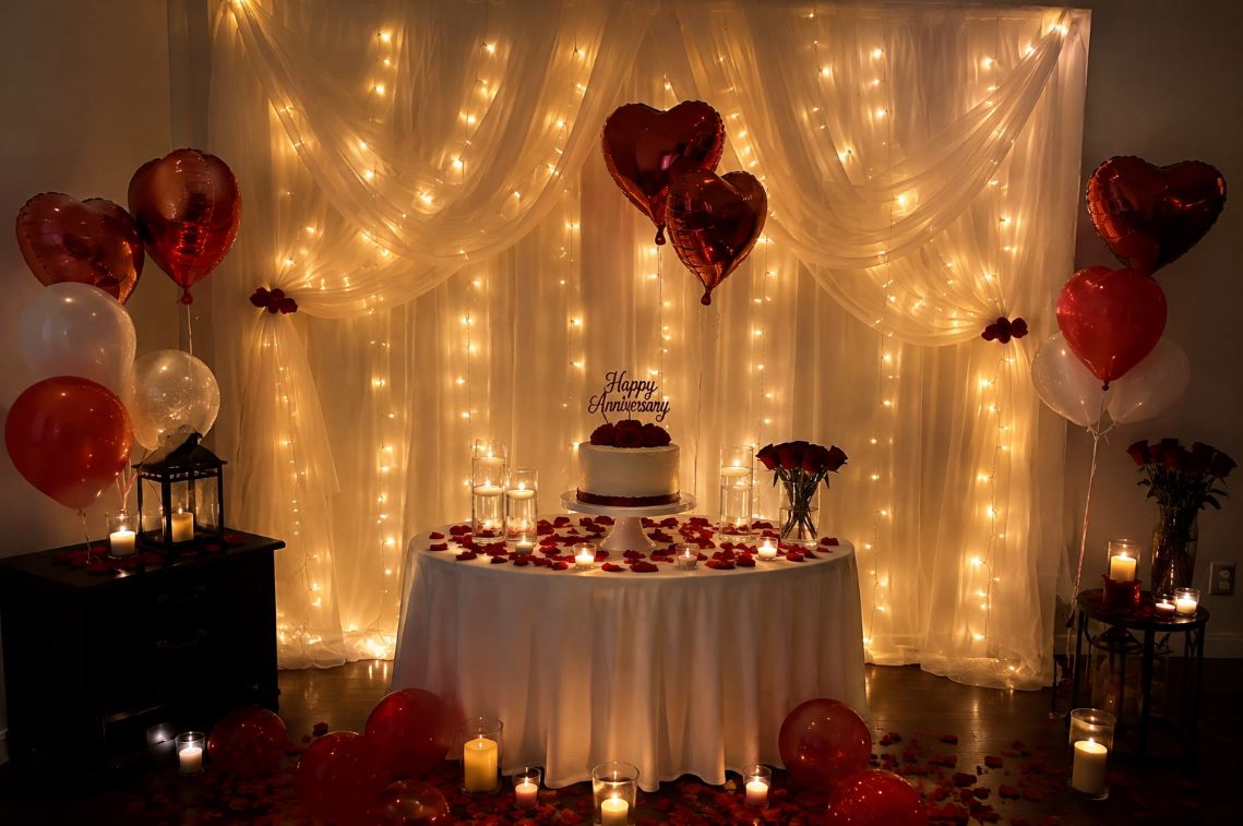 Elegant fabric backdrop with fairy lights behind a birthday cake table/decorish.pk