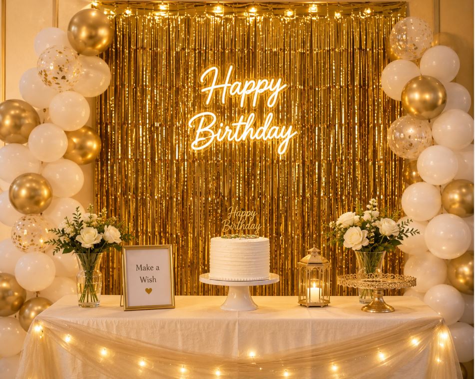 Gold foil curtain backdrop behind a decorated birthday cake table/decorish.pk