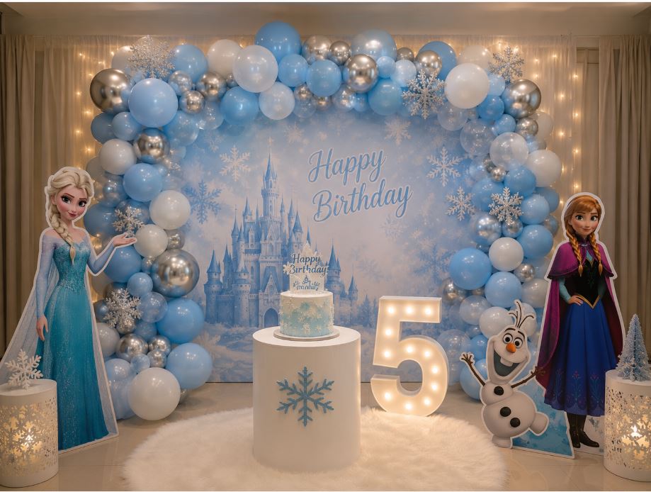 Frozen themed birthday decoration in ice blue and silver tones/decorish.pk