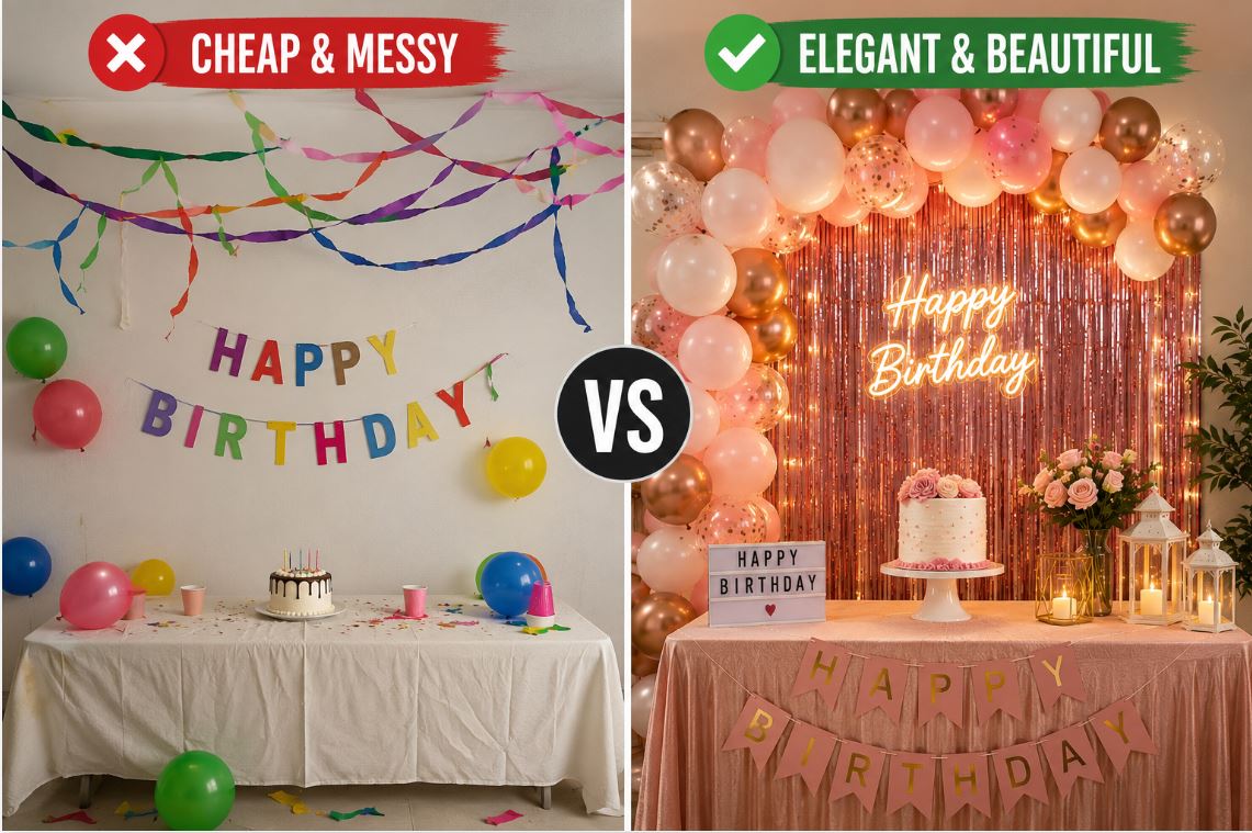 Comparison between cheap streamer decorations and premium birthday party setup/decorish.pk