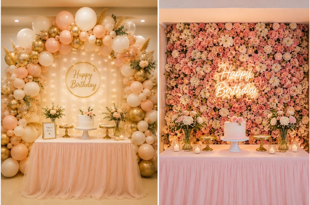 Comparison of balloon arch and flower wall as party decoration backdrops/decorish.pk