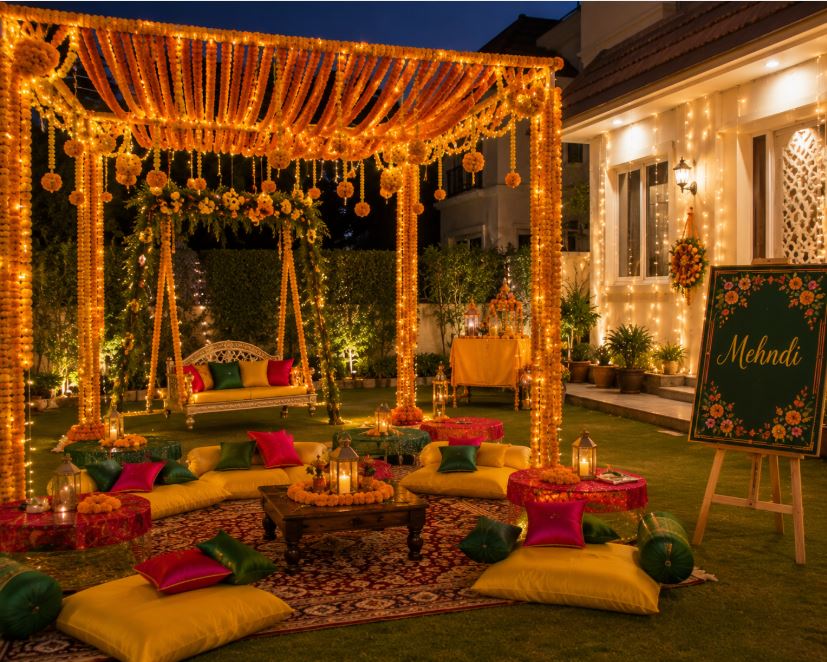 Home lawn mehndi decoration setup in Lahore DHA/decorish.pk
