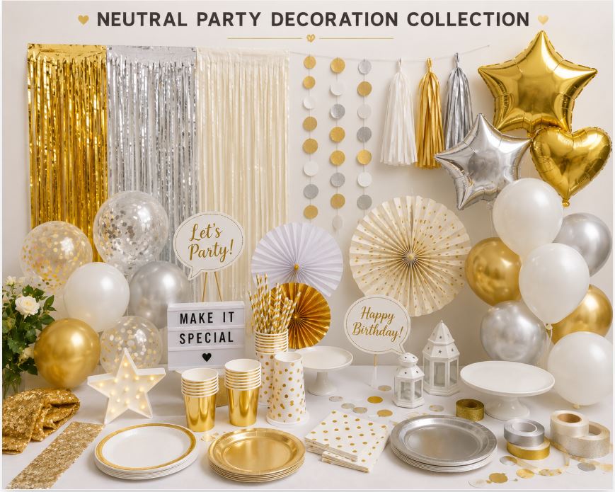Neutral and timeless party decorations in gold, silver, and white tones/decorish.pk 