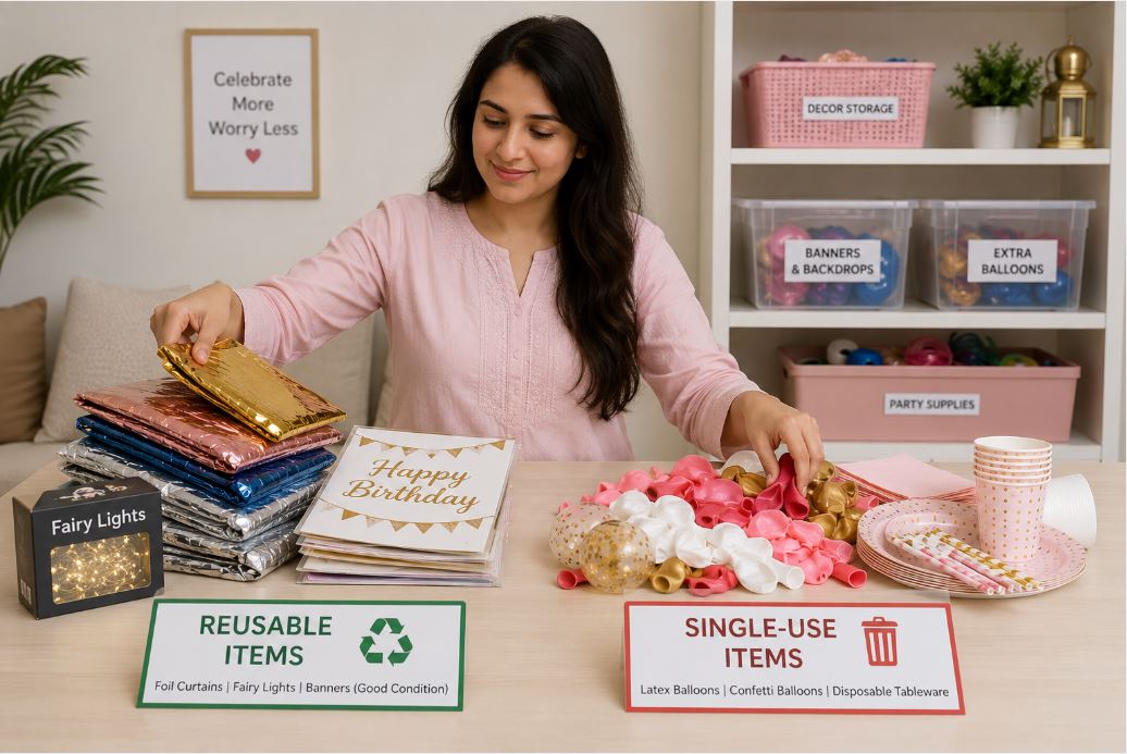 Sorting party decorations into reusable and single-use items/decorish.pk 
