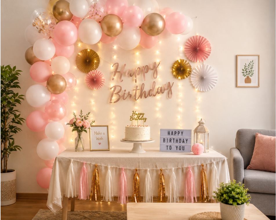 Affordable birthday decoration setup with balloons and fairy lights at home/decorish.pk