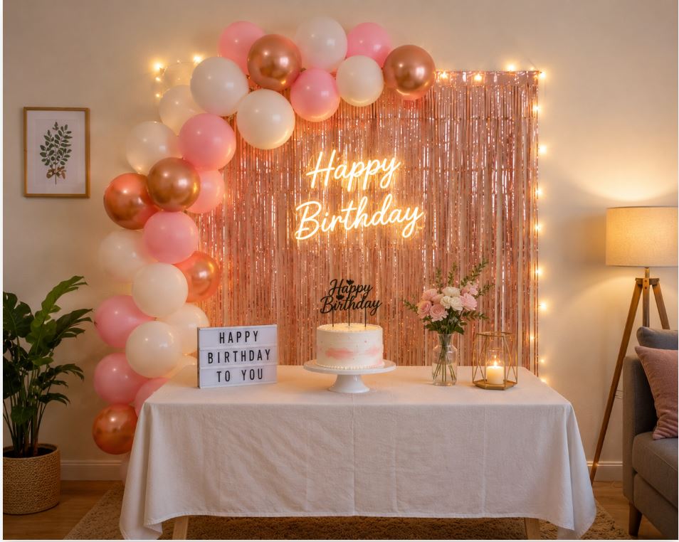 Themed mid-range birthday party decoration with foil curtain and balloon cluster/decorish.pk