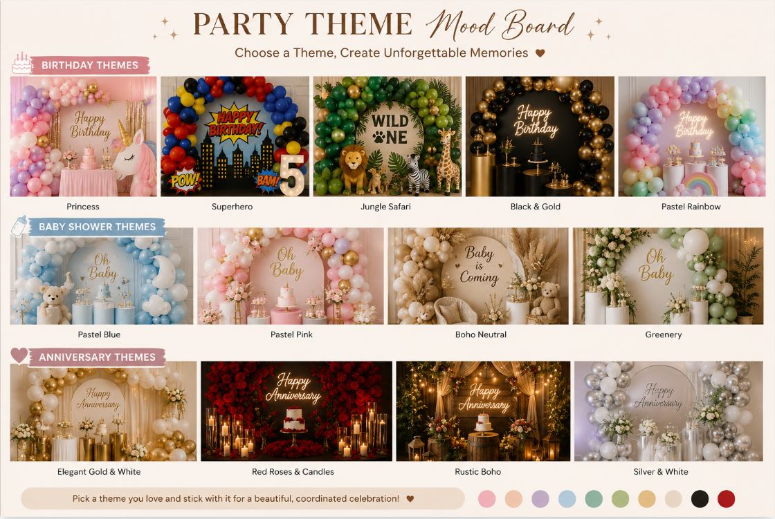 Mood board showing different party themes including birthday, baby shower, and anniversary/decorish.pk