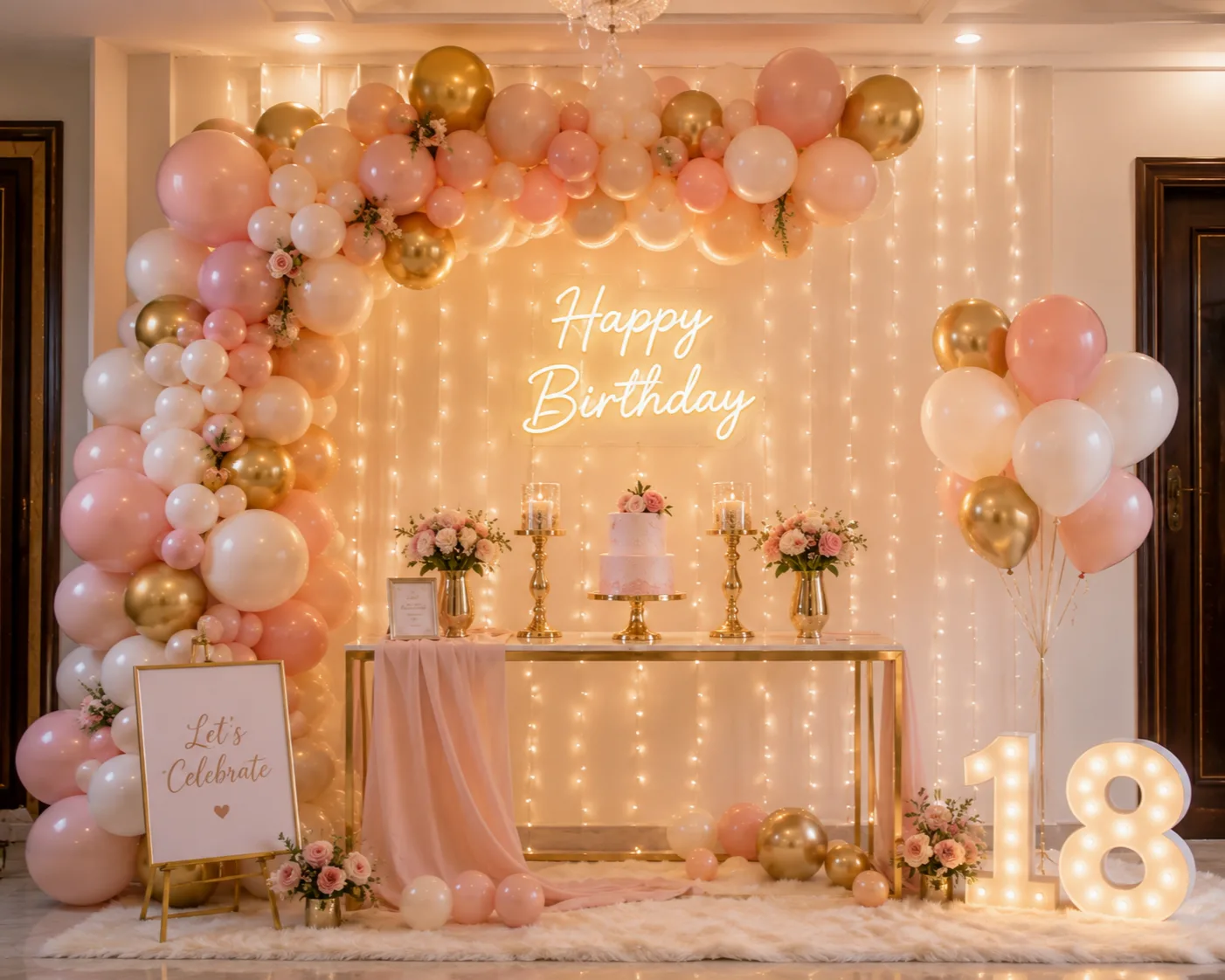 Tight color palette in blush and gold for affordable party decoration/decorish.pk