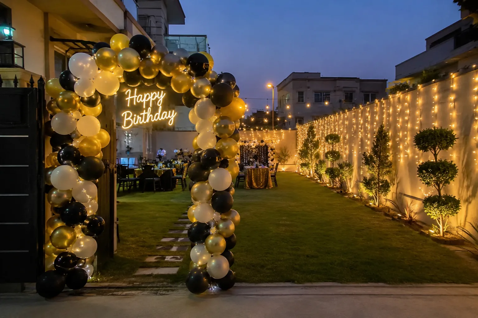 Outdoor birthday decoration setup in a Rawalpindi Bahria Town lawn/decorish.pk