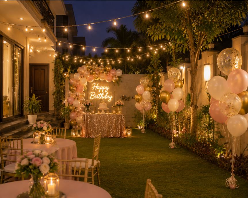Outdoor birthday decoration setup in a Lahore DHA lawn/decorish.pk