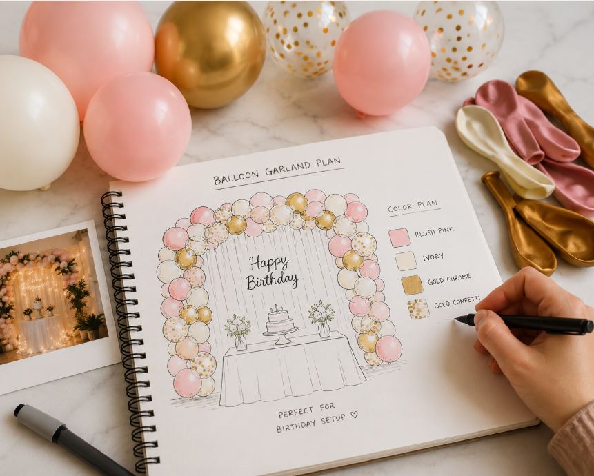 Planning the color ratio and shape for a DIY balloon garland/decorish.pk