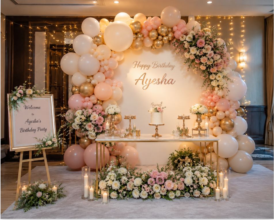 Premium birthday party decoration with balloon garland and custom backdrop/decorish.pk