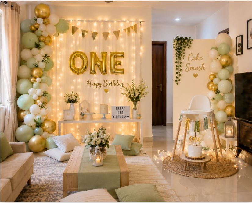 First birthday decoration setup in a compact Karachi apartment/decorish.pk
