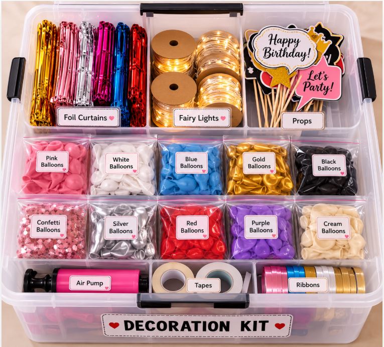 Properly organized party decoration storage with labeled bags and folded items/decoris.pk 