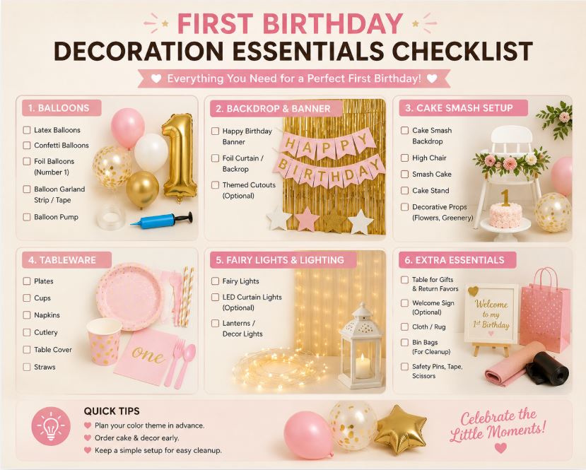 First birthday decoration checklist with essential party items/decorish.pk