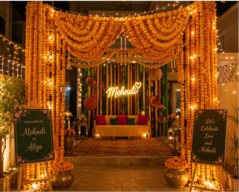 Genda phool marigold garland decoration for a Lahore mehndi/decorish.pk