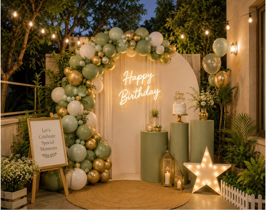 Photo-ready birthday decoration setup in Islamabad with earth-tone colors/decorish.pk
