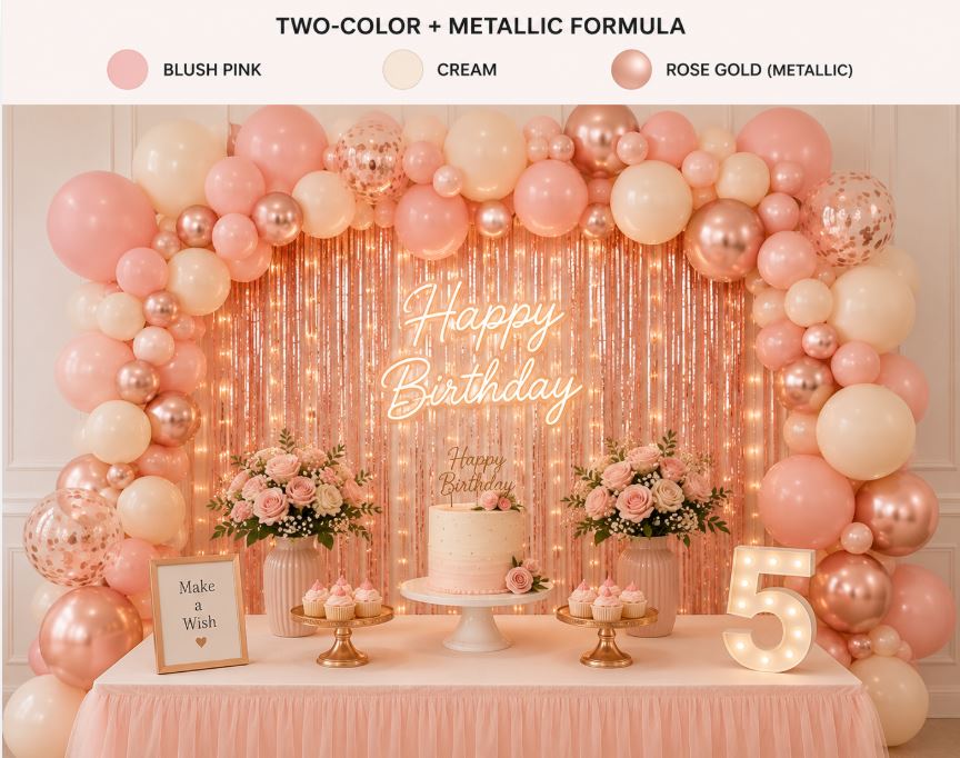 Party decor using the two-color plus metallic formula in blush and rose gold/decorish.pk
