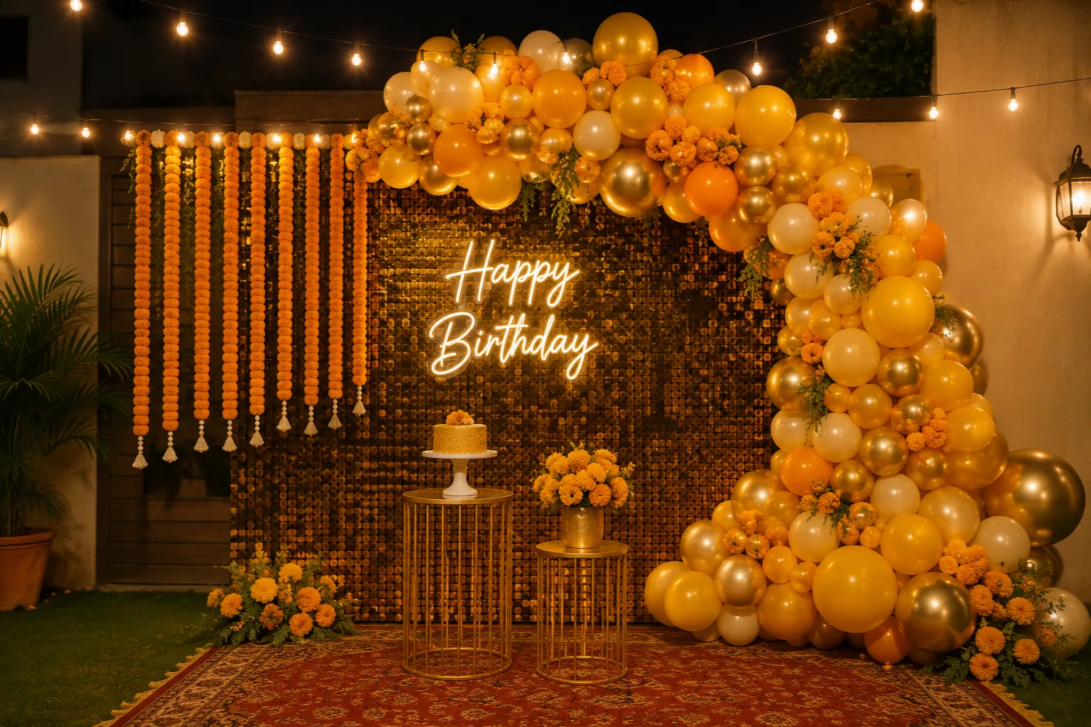 Gold and marigold-toned birthday decoration theme in Rawalpindi/decorish.pk