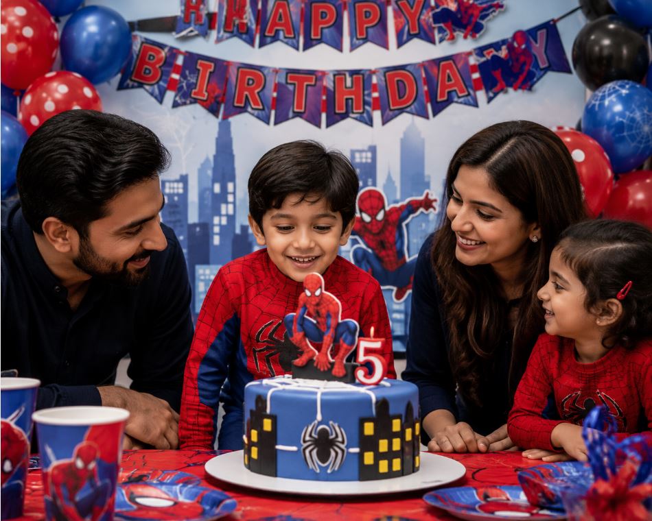 Child smiling at themed birthday cake surrounded by personalized decorations/decorish.pk