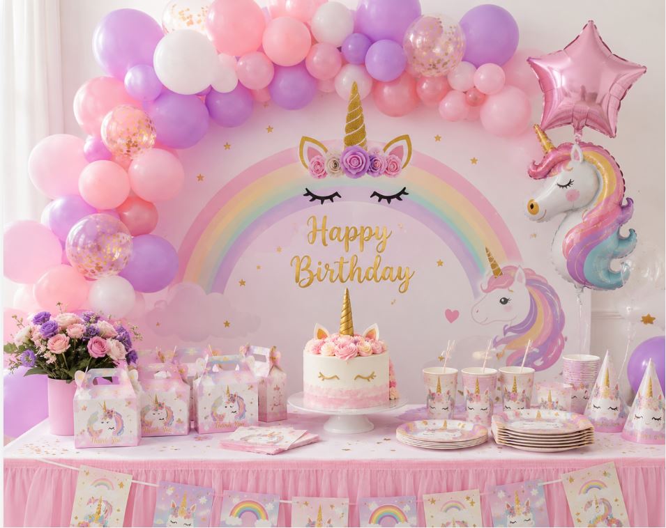 Unicorn-themed birthday party with coordinated pastel decorations/decorish.pk