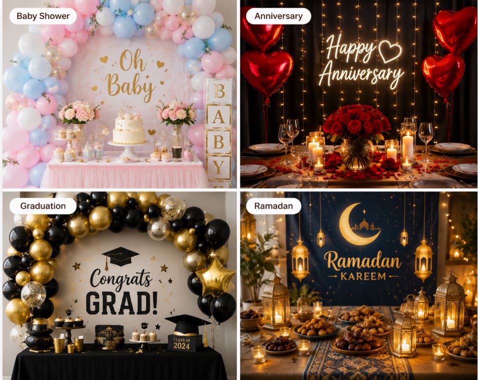 Themed decoration setups for various celebrations including baby showers and anniversaries/decorish.pk
