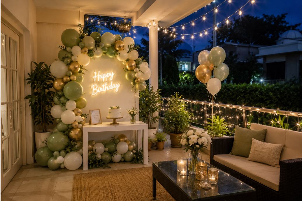 Outdoor birthday decoration setup in an Islamabad F-sector veranda/decorish.pk