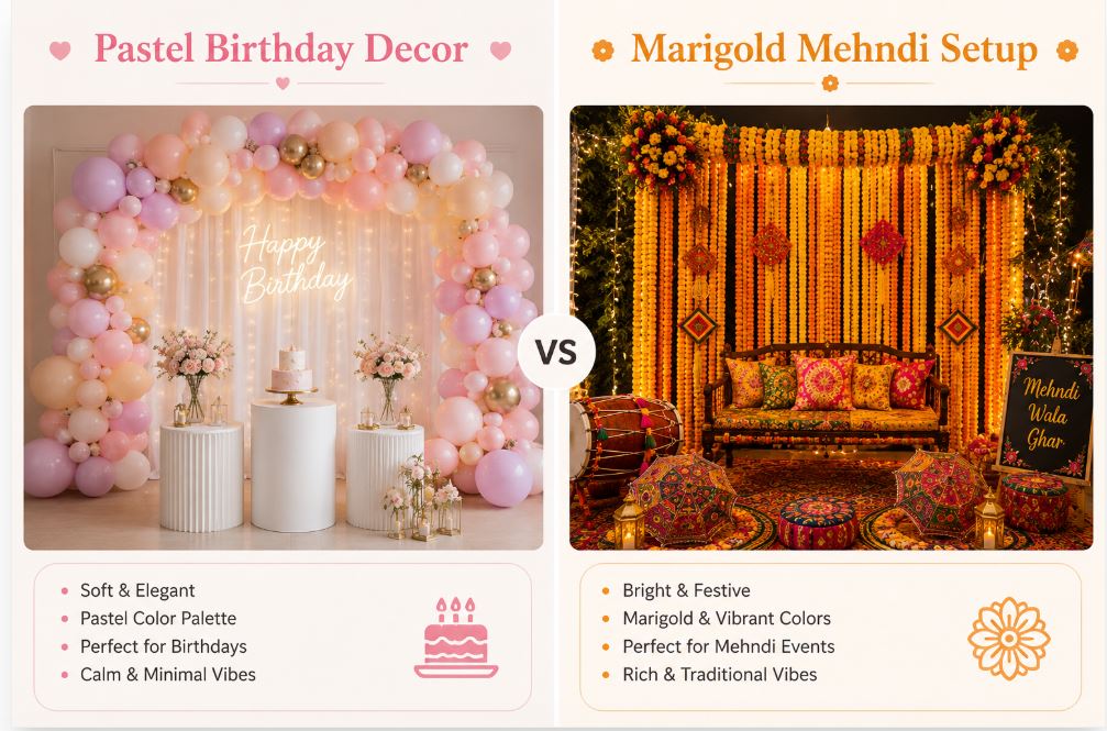 Comparing mehndi decoration versus birthday decoration styles/decorish.pk