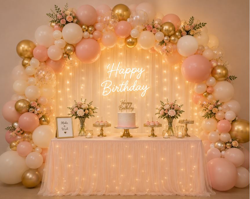 Organic balloon arch in blush and gold over a birthday cake table/decorish.pk 