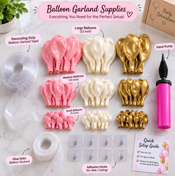 Supplies needed to make a DIY balloon garland at home/decorish.pk