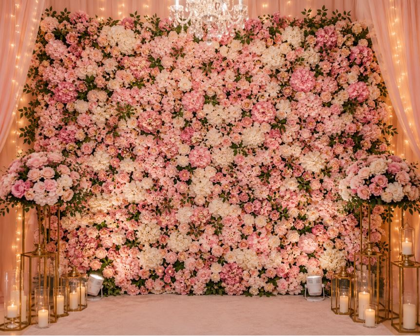 Elegant pink and white flower wall backdrop for wedding photo booth/decorish.pk 